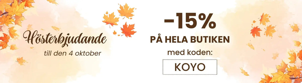 Höstsäsongsinriktad kampanjbanner med fallande orange och gula lönnlöv, med en rabattkod på 15 % för hela butiken.