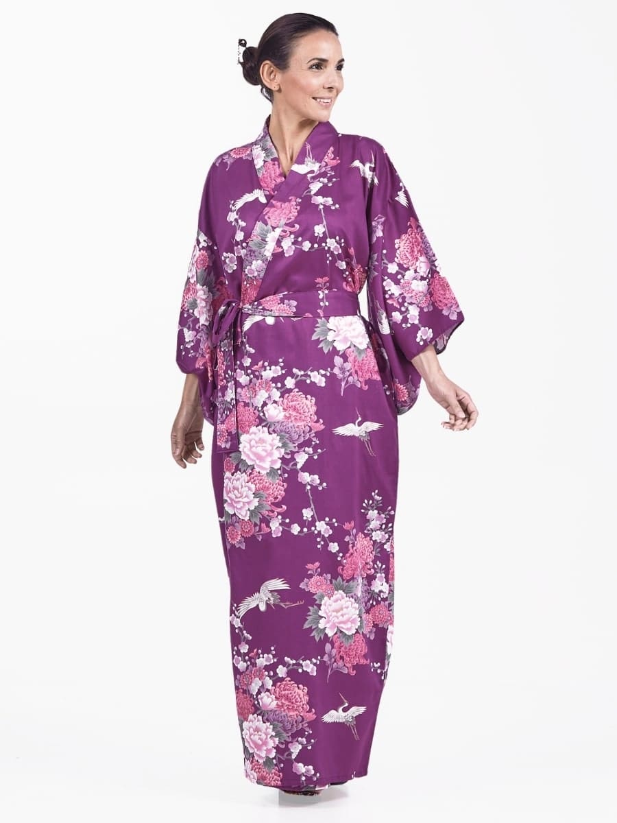 Japansk kimono för kvinnor Lila Peony & Crane En storlek