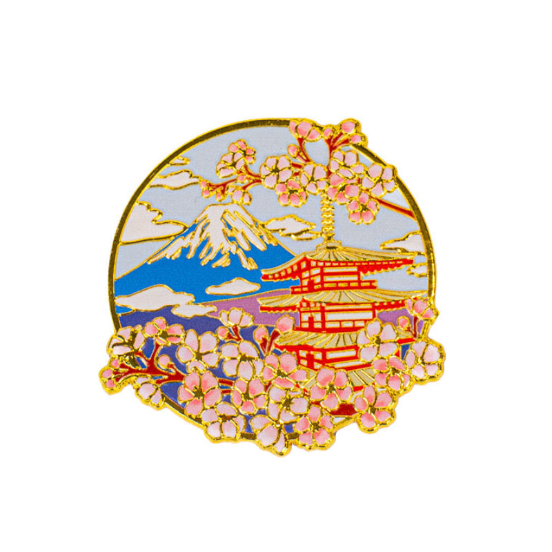 Japansk magnet i metall med motiv av pagod Fuji och sakura