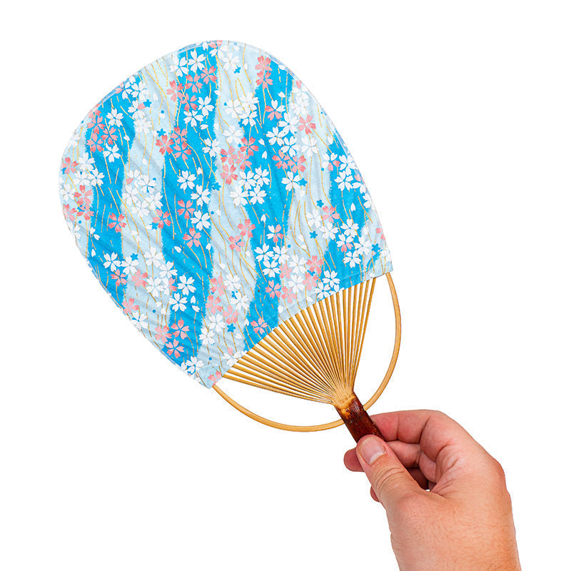 Japansk Solfjäder Uchiwa Washi Sakura Blå