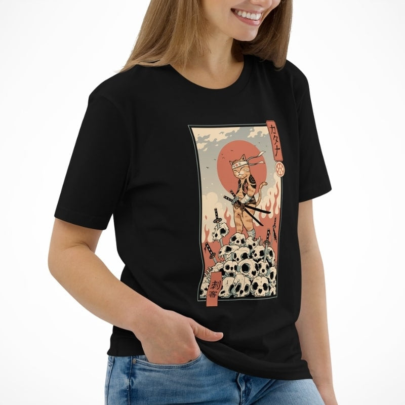 Japansk Ukiyo e Neko Assassin T shirt