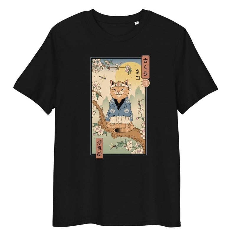 Japansk Ukiyo e Neko Sakura T shirt S / Noir