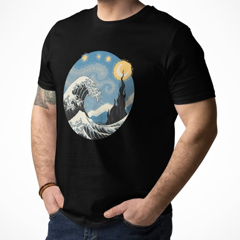 Japansk våg och stjärnklar natt T shirt