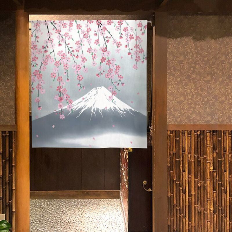 Japanska Noren Körsbär & Fuji 85 x 90 cm