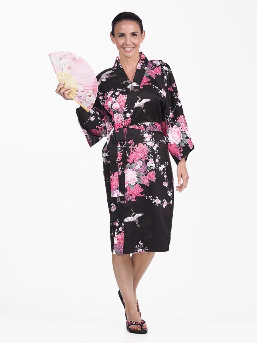 Kimono Happi Black Crane & Flowers för kvinnor En storlek