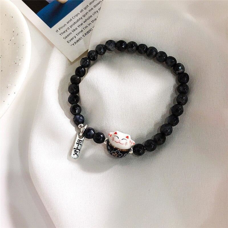 Maneki Neko armband Pärlor Svart