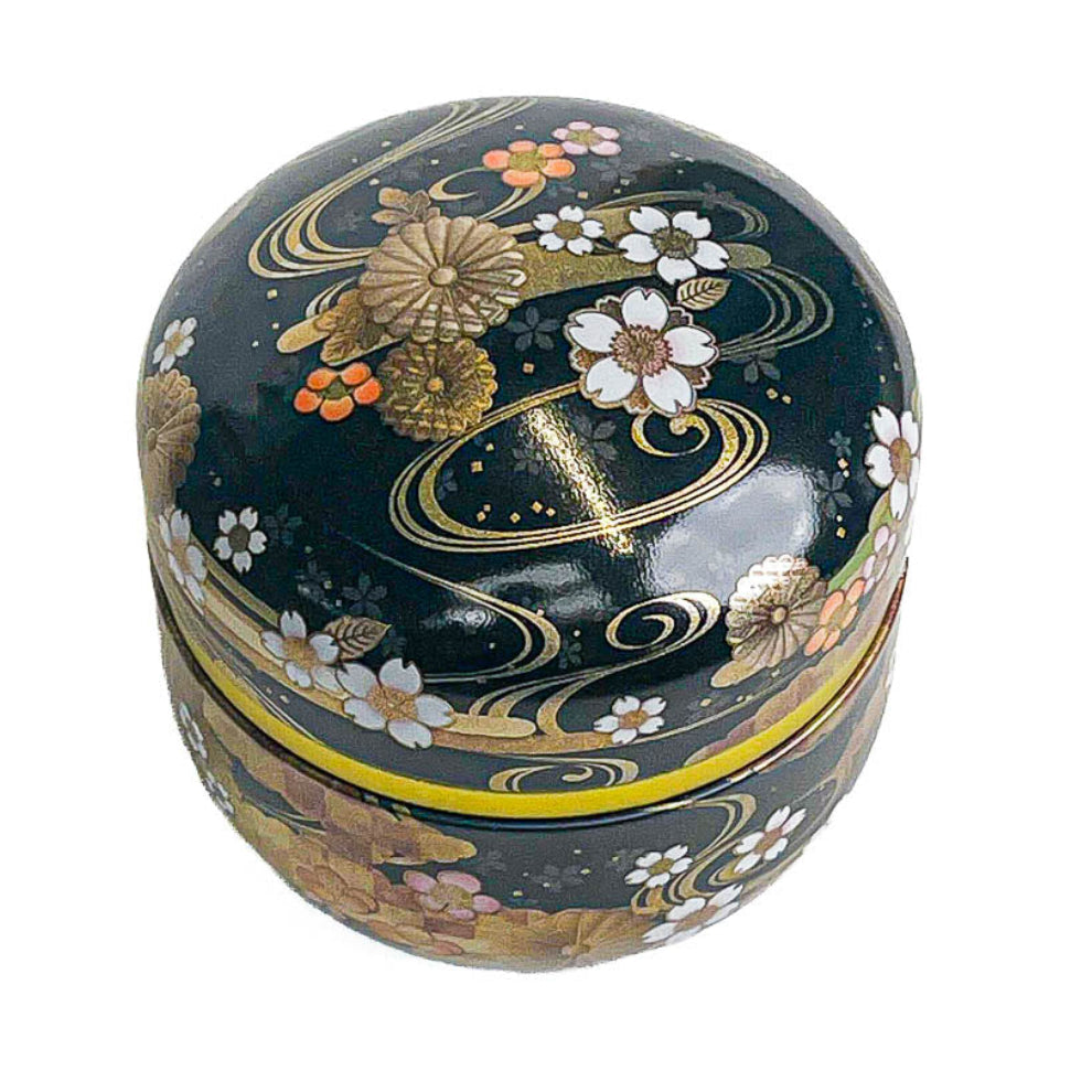 Rund Japansk Teburk i Metall - Svart med Blommor