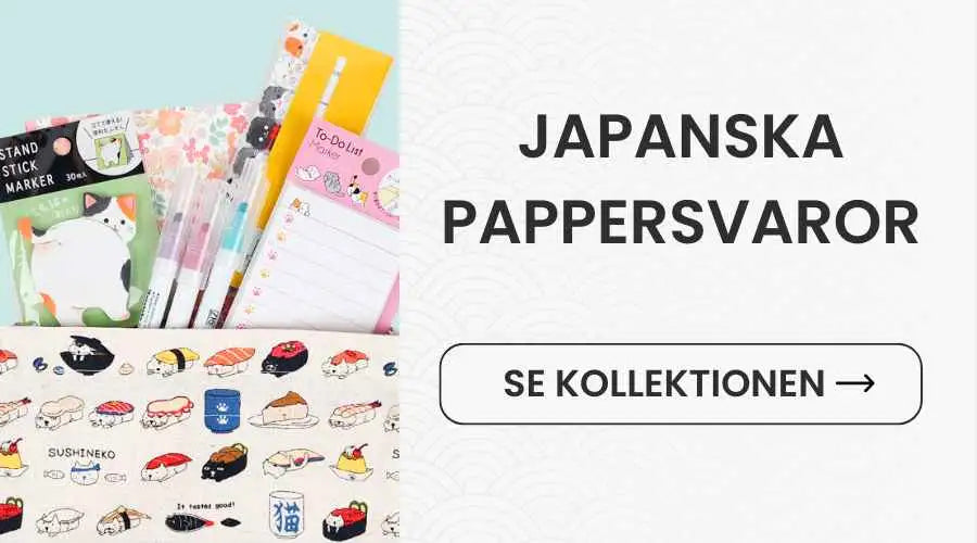 En färgstark samling av japanska kontorsmaterial med söta katter och sushi-inspirerade motiv, inklusive ett ställ för bläckpennor med pastellfärgade pennor.