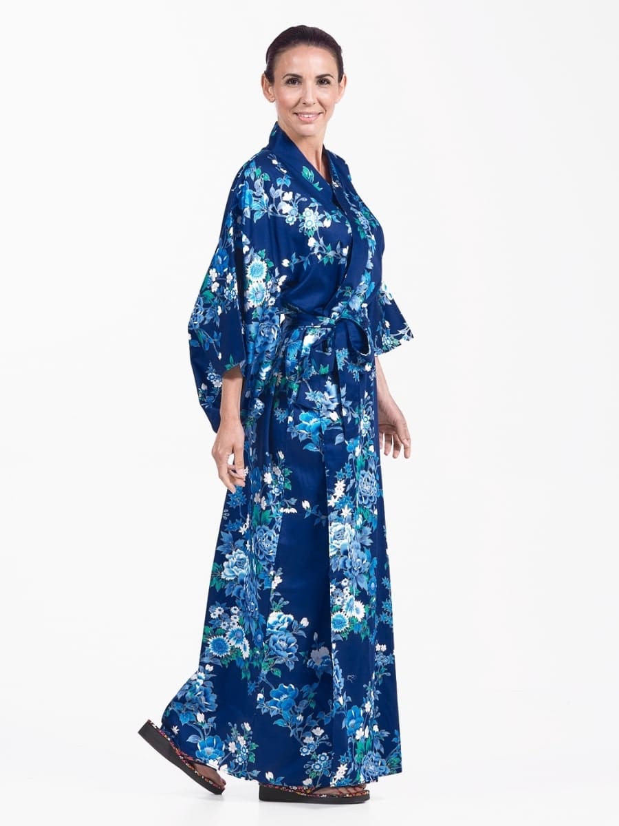 Japansk Kimono för kvinnor Blå Hana En storlek