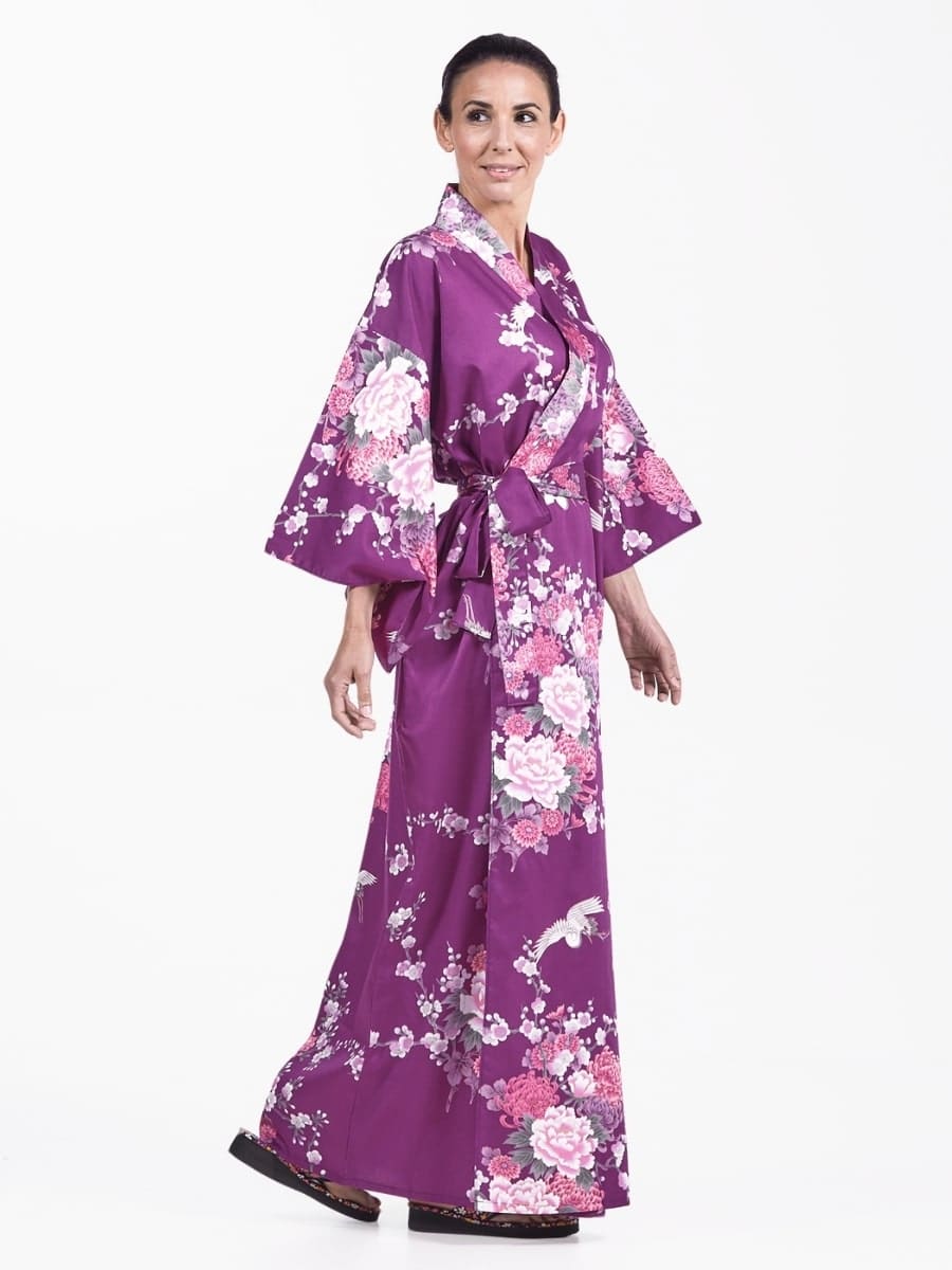 Japansk kimono för kvinnor Lila Peony & Crane En storlek