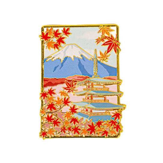 Japansk metallmagnet med motiv av Momiji pagod och berget Fuji