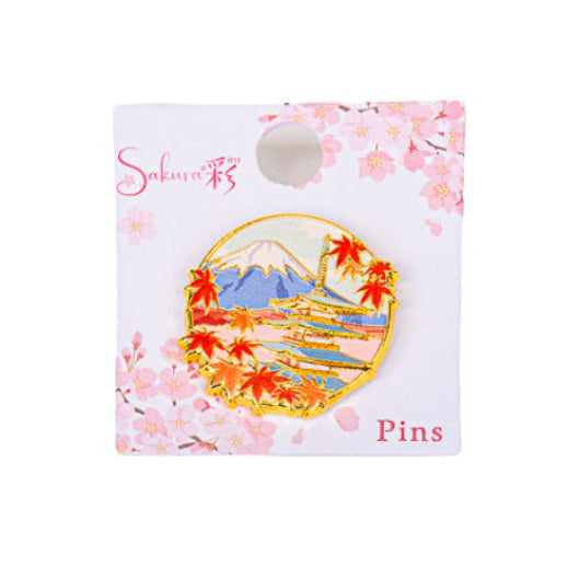 Japansk metallpin med motiv av Momiji tempel och Fuji