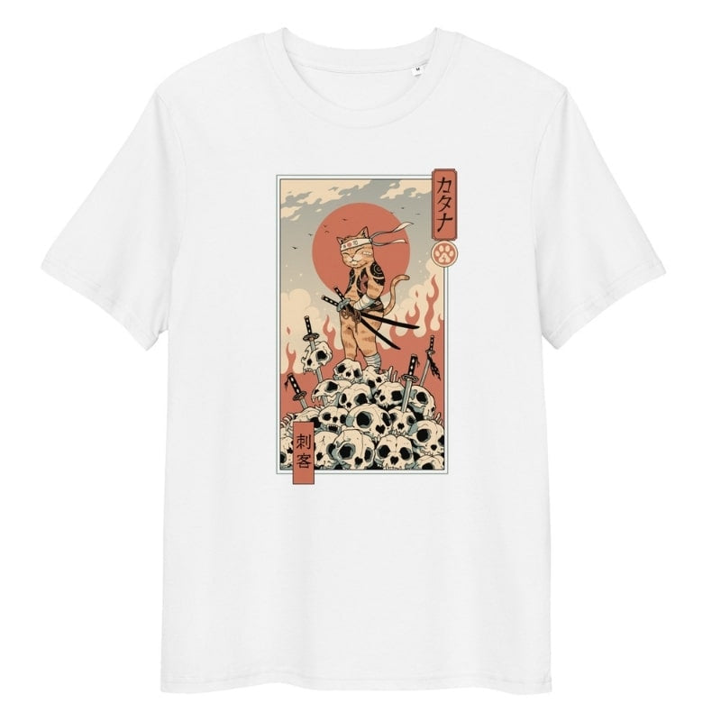 Japansk Ukiyo e Neko Assassin T shirt S / Blanc