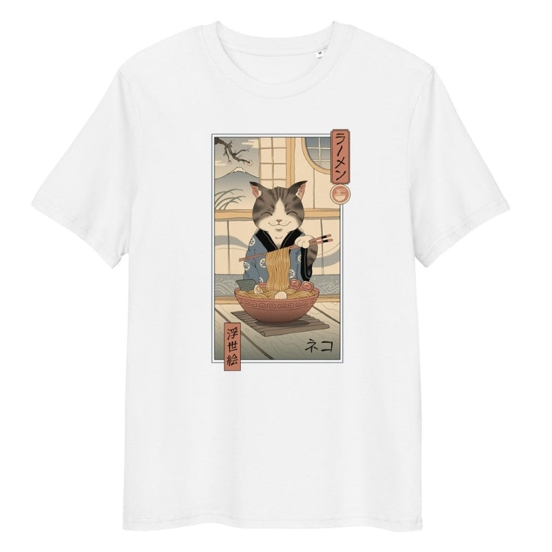 Japansk Ukiyo e Neko Ramen T shirt S / Blanc