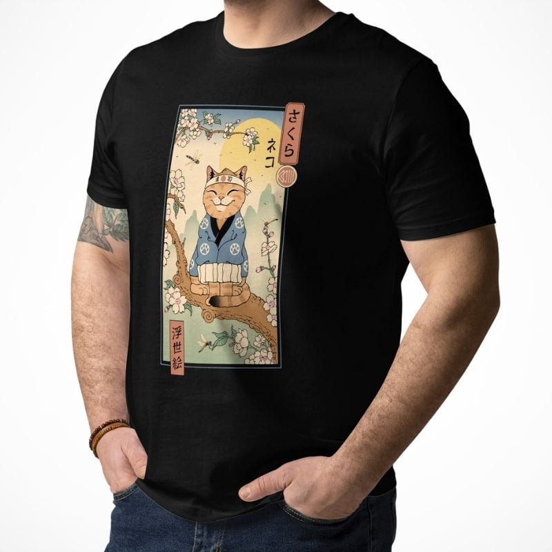 Japansk Ukiyo e Neko Sakura T shirt