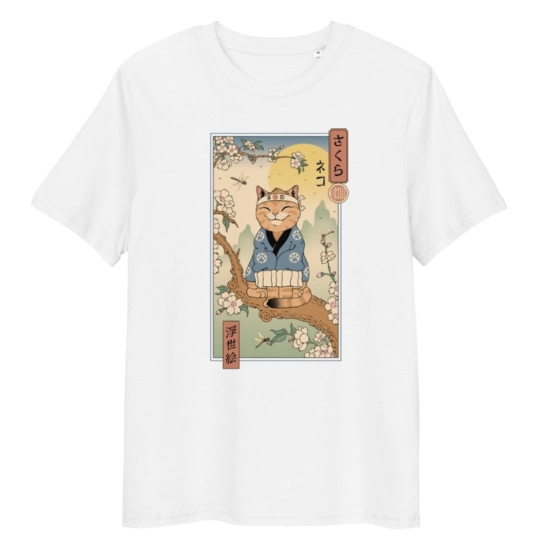 Japansk Ukiyo e Neko Sakura T shirt S / Blanc