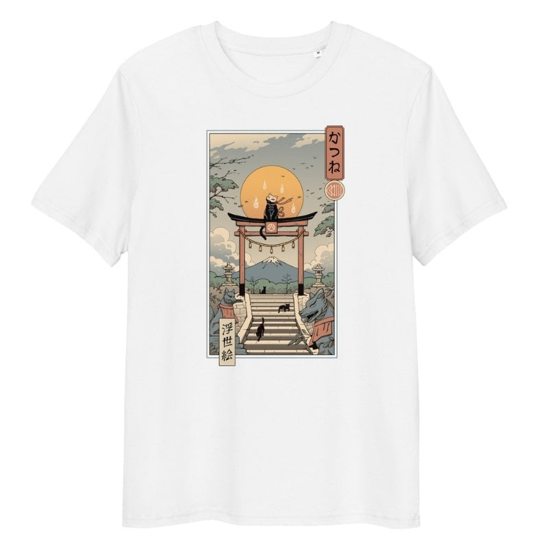 Japansk Ukiyo e T shirt Neko Inari S / Blanc