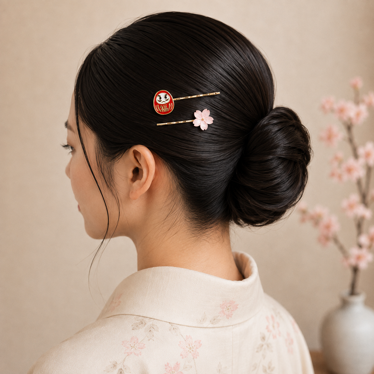 Japanska hårspännen med Daruma- och Sakura-motiv