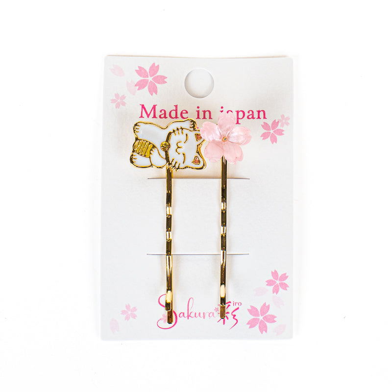 Japanska hårspännen med Maneki-Neko och Sakura-motiv