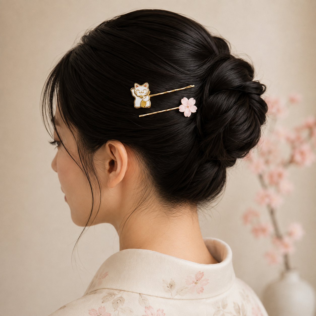 Japanska hårspännen med Maneki-Neko och Sakura-motiv