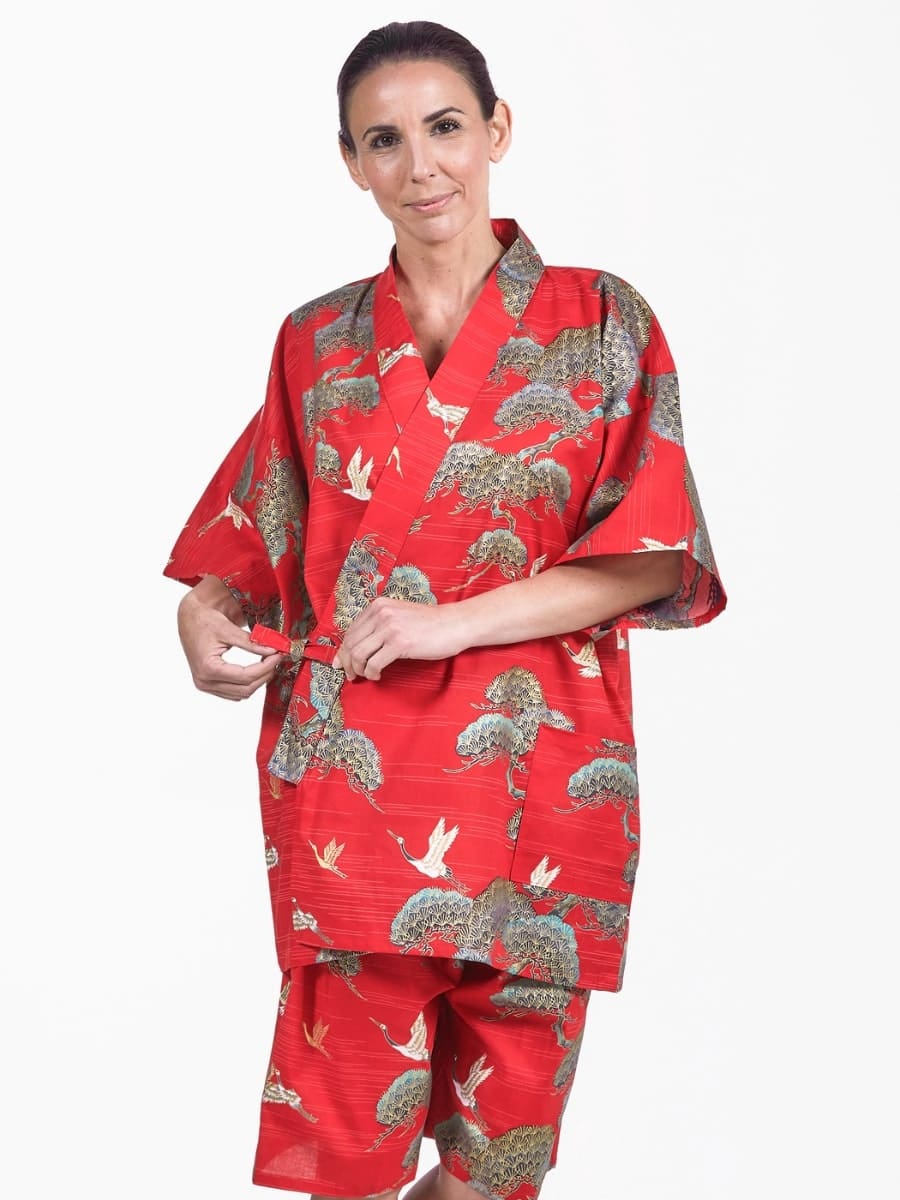 Japanska Jinbei Red Crane & Pine för kvinnor