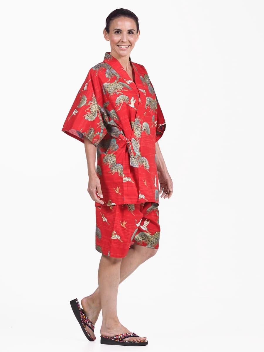 Japanska Jinbei Red Crane & Pine för kvinnor