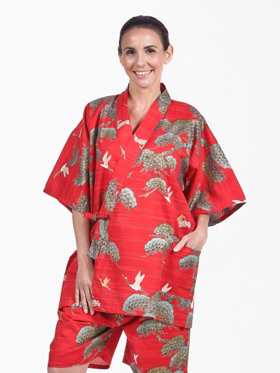 Japanska Jinbei Red Crane & Pine för kvinnor