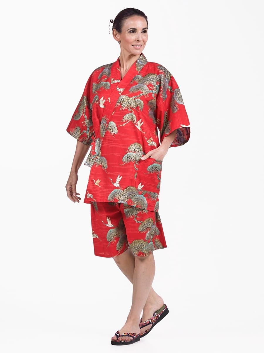Japanska Jinbei Red Crane & Pine för kvinnor S