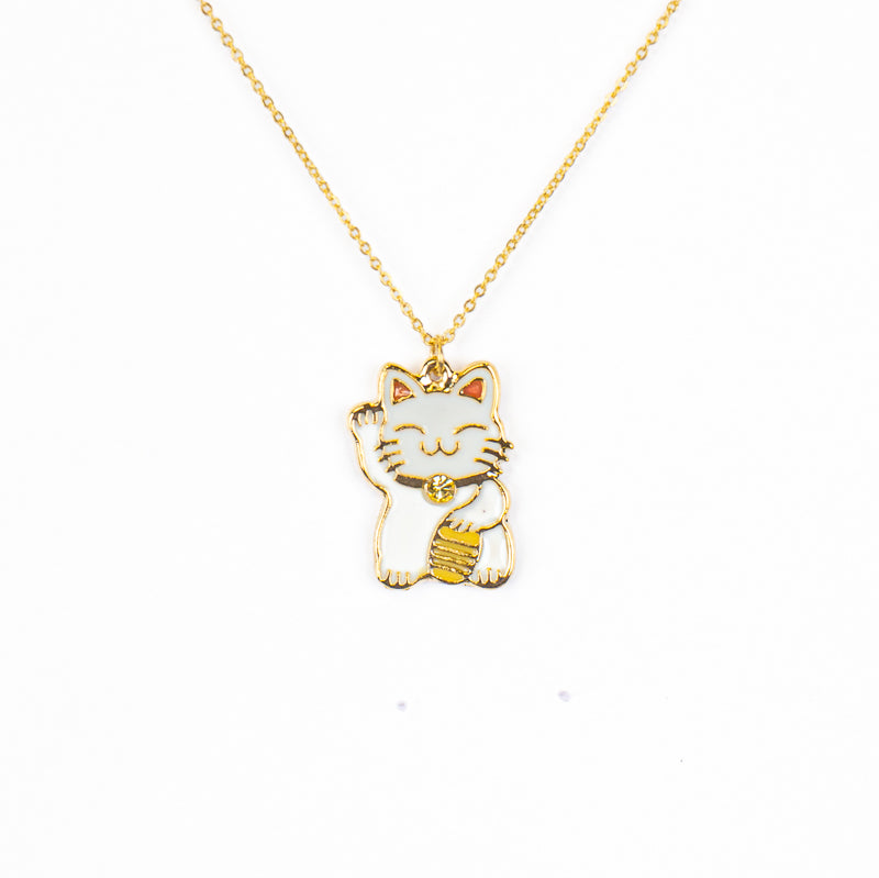 Japanskt halsband med vit och guldfärgat Maneki-Neko-hänge