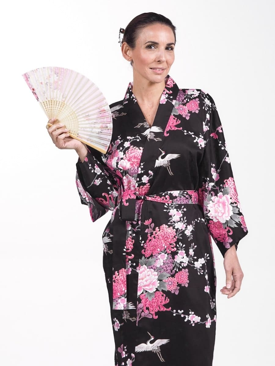 Kimono Happi Black Crane & Flowers för kvinnor En storlek
