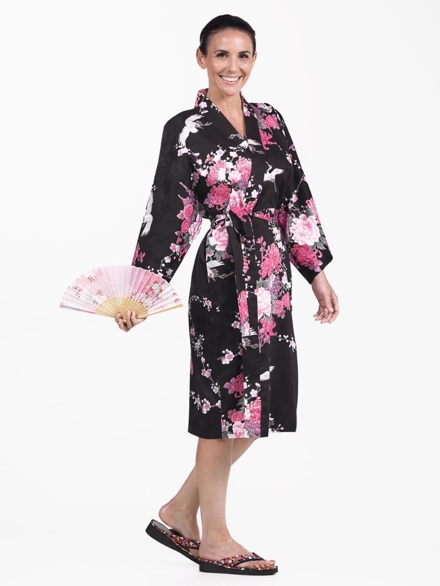 Kimono Happi Black Crane & Flowers för kvinnor En storlek