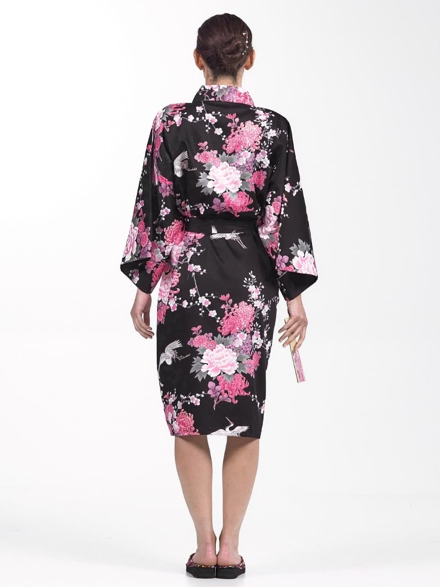 Kimono Happi Black Crane & Flowers för kvinnor En storlek