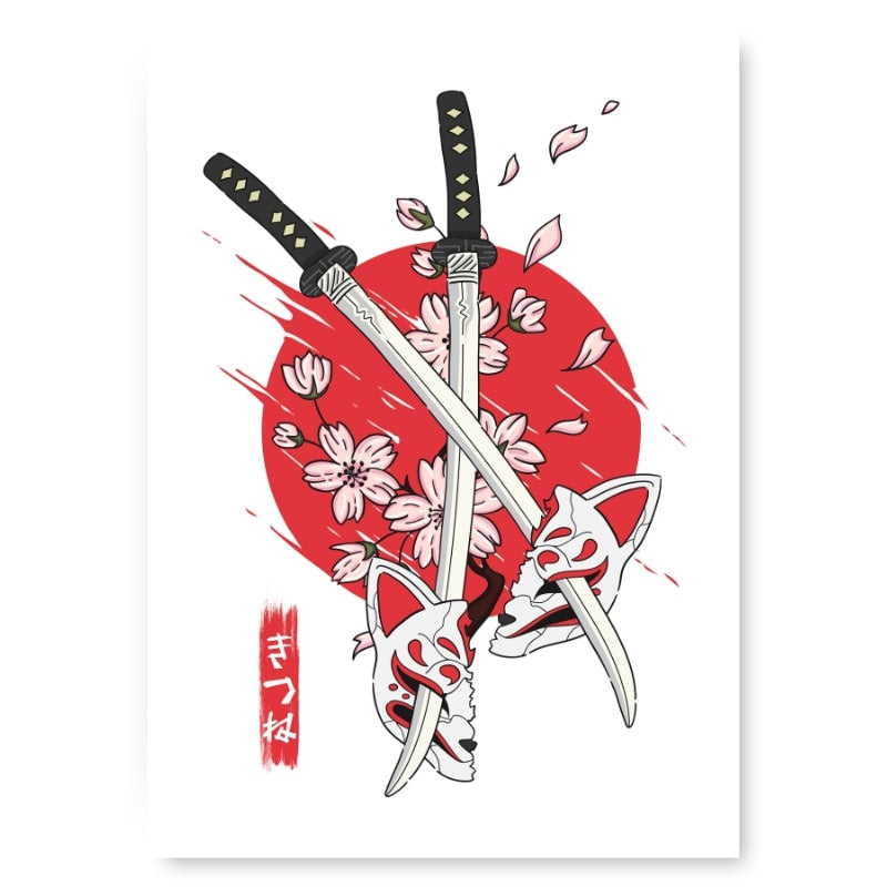 Kitsune & Katana Japansk affisch A3