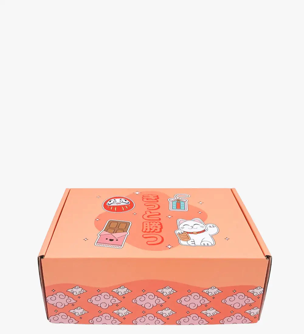 Korallfärgad kartonglåda med söta japansktema illustrationer inklusive en vit lyckokatt, en daruma boll och chokladstångsdesigner.