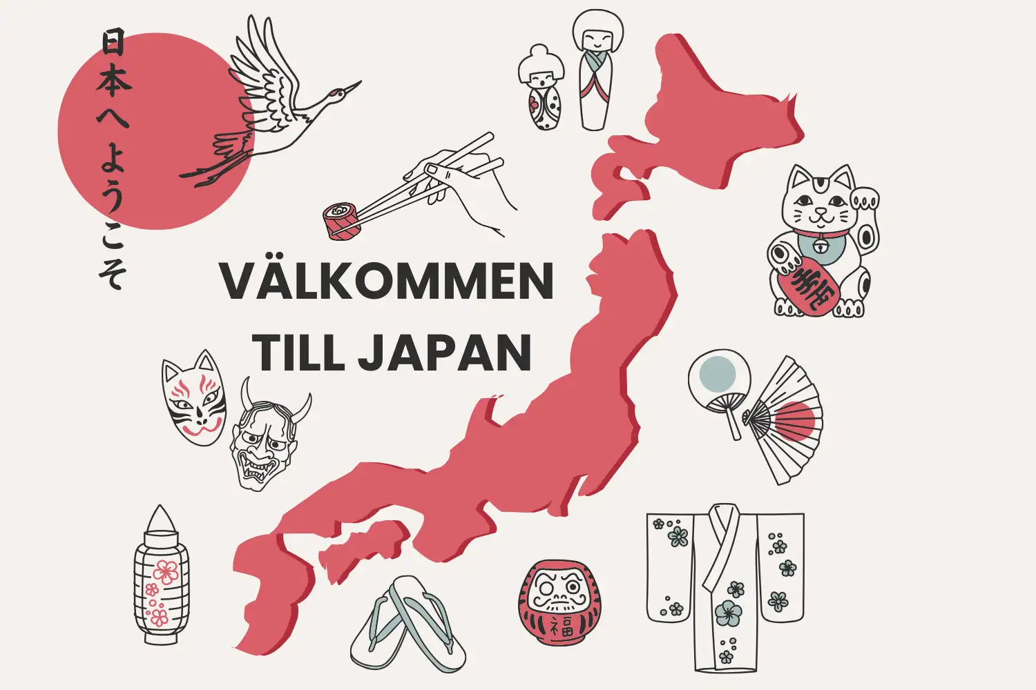 Röd silhuett av Japan med traditionella japanska symboler och texten 'välkommen till Japan' i fet svart text.