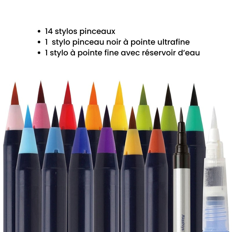 Set med akvarellpennor och penslar