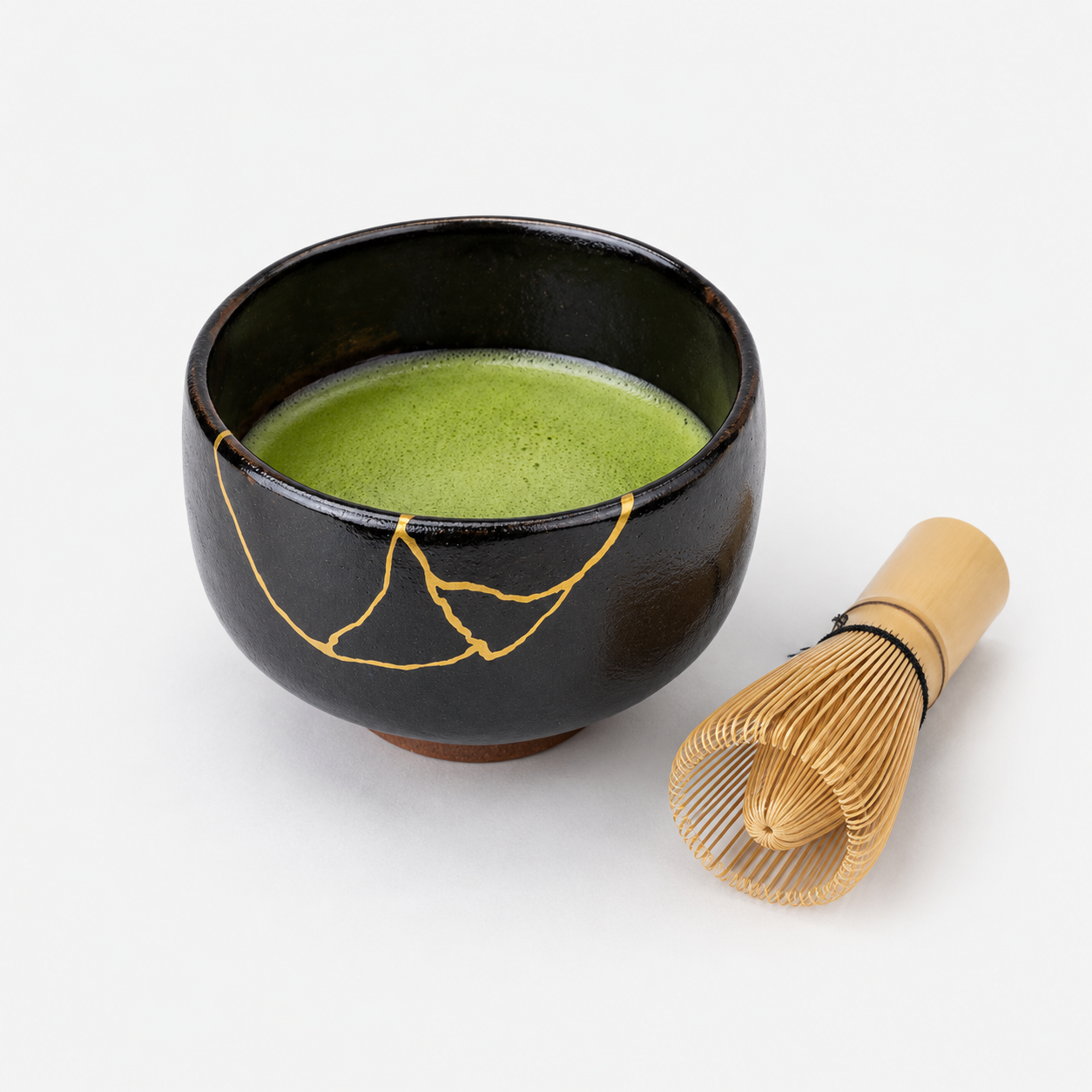 Svart japansk matchaskål Kintsugi